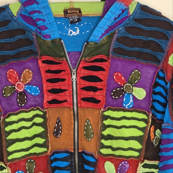 Rising International | Hippie Boho Patchwork Hoodie Floral Size XL 100% Cotton - Picture 2 of 4